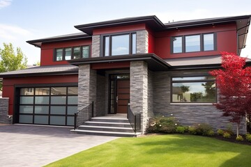 Fototapeta na wymiar Grand Brand New House: Modernist Style with Double Garage, Red Siding, and Natural Stone Embellishments, generative AI
