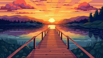 illustration, a wooden bridge leading to a walkway towards a beautiful sunset, ai generative