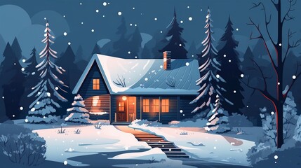 illustration, wooden house in a snowy forest, ai generative