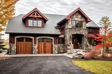 Red Siding and Natural Stone: Innovatively Designed, Lavish New Construction Dwelling with Three-Car Garage, generative AI