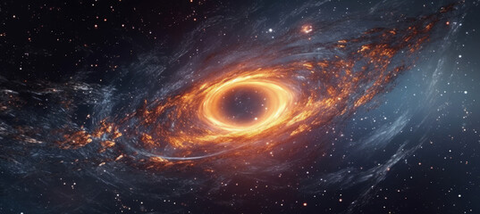 Celestial Vortex: An awe-inspiring view of a black hole, showcasing swirling cosmic dust and luminous energy against the backdrop of the star-filled universe.