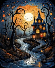 Naklejka na ściany i meble Background with spooky Halloween haunted witch's house. Generative AI