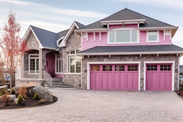 Fototapeta na wymiar Three-Car Garage & Lavish Design: A Sophisticated New Construction Dwelling with Pink Siding and Natural Stone Details, generative AI
