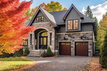 Fototapeta na wymiar State-of-the-Art Layout and Green Siding: Magnificent Freshly Built Home with Single Car Garage and Natural Stone Entrance, generative AI