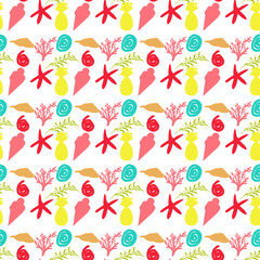 Seamless summer color pattern of abstract shapes.Starfish, ice cream and pineapple. Background design, packaging, fabric. Vector illustration...