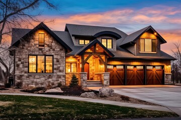 Fototapeta na wymiar State-of-the-Art Layout, Magnificent Freshly Built Home with Single Car Garage, Bronze Siding, and Natural Stone Entrance, generative AI