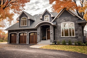 Fototapeta na wymiar State-of-the-Art Layout: Magnificent Freshly Built Home with Dark Gray Siding and Natural Stone Entrance, Includes Single Car Garage, generative AI