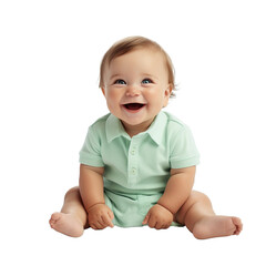 Cute Caucasian baby boy smiles and giggles over isolated transparent background