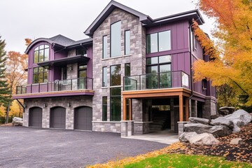 Modern Aesthetic Majestic Dwelling with Two-Car Garage and Purple Siding Amidst Natural Stone Walls, generative AI