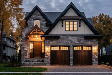 Modern Aesthetic: Majestic Newly Built Dwelling with Two-Car Garage, Light Green Siding, and Natural Stone Walls, generative AI