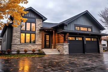 Modern Aesthetic: Majestic New Construction with Two-Car Garage, Dark Blue Siding, and Natural Stone Walls, generative AI