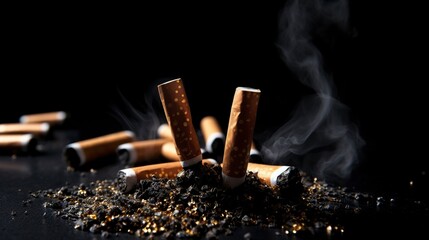 illustration, tobacco and cigarettes on black background, ai generative