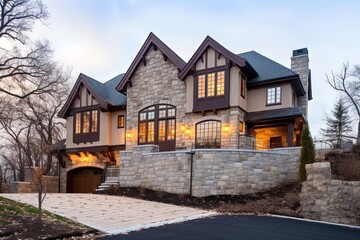 Fototapeta na wymiar Cutting-Edge Design Meets Opulence: Beige Siding and Natural Stone Staircase Enhance New Property with Two-Car Garage, generative AI