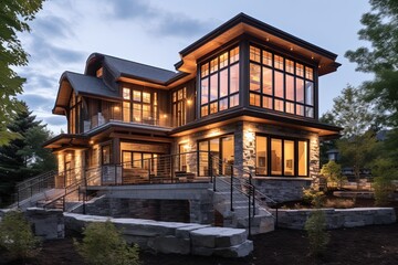 Fototapeta premium Opulent New Property: Cutting-Edge Design, Coral Siding, Natural Stone Staircase & Two-Car Garage, generative AI