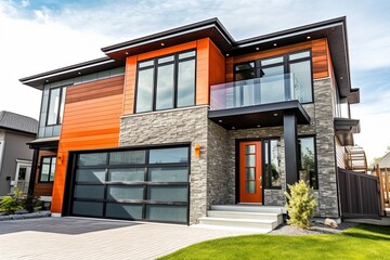 Contemporary Features in a Refined Brand New Home: Orange Siding, Natural Stone Facade, and Single Car Garage, generative AI