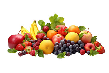 Fresh colorful bunch of fruit over white transparent background - obrazy, fototapety, plakaty