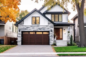 Fototapeta na wymiar Contemporary Features Shine in this Refined Brand New Home with Single Car Garage, White Siding, and Natural Stone Facade., generative AI
