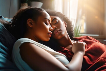 Fototapeta na wymiar Afro American lesbian couple sleeping cuddling on bed close-up