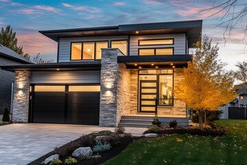 Light Gray Siding & Natural Stone Facade: Contemporary Features Define This Refined New Home with Single Car Garage, generative AI