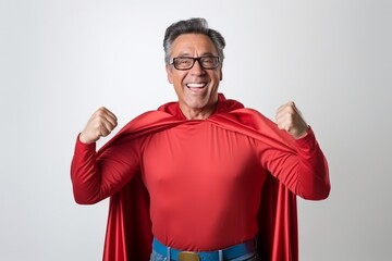 Happy senior Asian man in superhero costume and glasses on white background. - obrazy, fototapety, plakaty