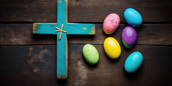 easter background, easter image with eggs, colorful cross in 4k, generative ai