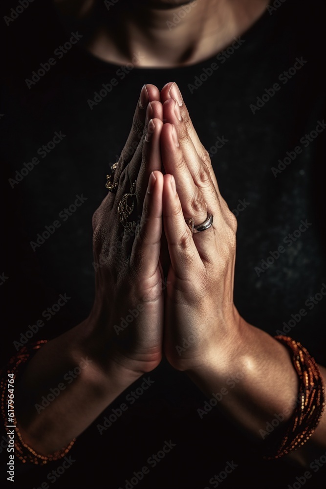 Wall mural illustration, hands praying with faith in religion and belief in god, ai generative