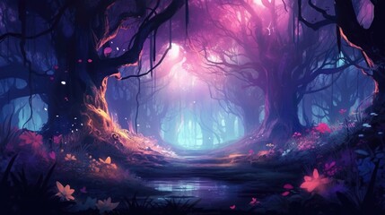 A purple Forest landscape with tree and flower