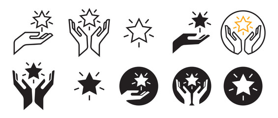 Business Core Values icon. Star with hands. Best Quality, innovation, vision, achievement of company or business vector sign and symbol set collection. Positive growth objective and integrity app ui.