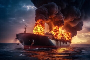 Fototapeta premium illustration,fire of a ship carrying liquefied gas,generative ai