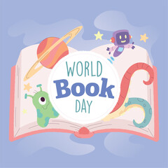 Isolated open book with scifi icons World book day Vector illustration