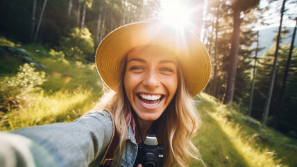 smile, young adult woman takes a selfie photo, sun hat, while hiking in nature at the edge of the forest on a slope, trees and nature