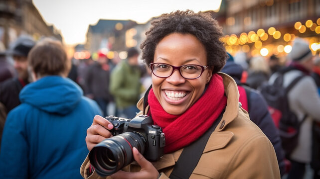 happy young adult african american woman with glasses and photo camera at a christmas market, laughing happy smiling, crowd busy, fictional place