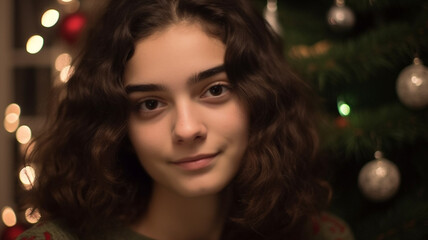 smiling teenage girl looking forward to a Christmas tree in the evening