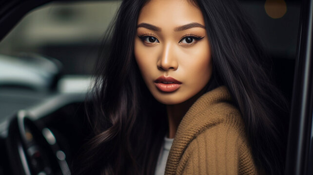 disappointed or sad  or thoughtful,driving a car, young adult woman, front view, close-up, multiracial female woman, fictional place