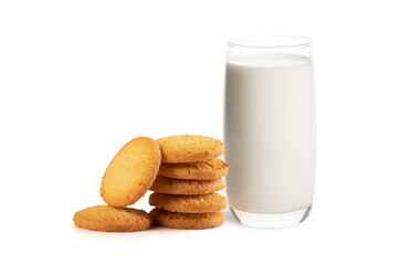 Glass of milk and cookies on white background.
