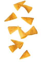 Corn snack falling in the air on white background.