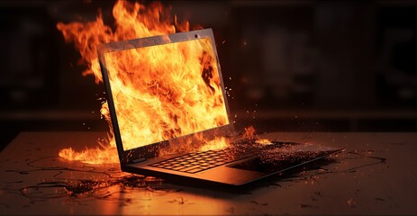illustration, laptop on fire, ai generative