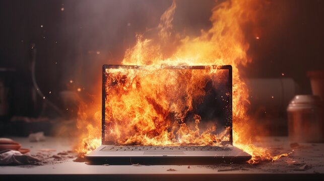 illustration, laptop on fire, ai generative