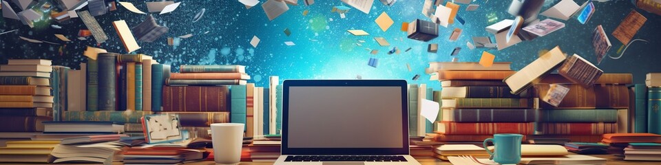 illustration, laptop and books, website header, ai generative