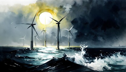 wind turbines in the dark sea weave with white watercolour sunny day bright  - obrazy, fototapety, plakaty