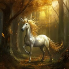 White Unicorn standing in the Forest with a long mane