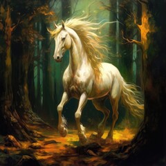 Obraz na płótnie Canvas White Unicorn standing in the Forest with a long mane