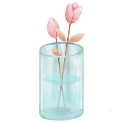 Hand drawn cute cartoon watercolor flower in glass vase illustration. 