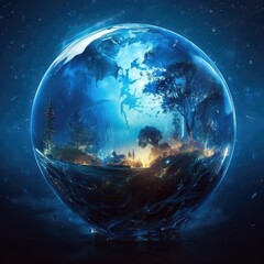 Fototapeta na wymiar Blue-colored globe with water falling down at the top