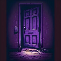closed wooden door purple tones comics style 