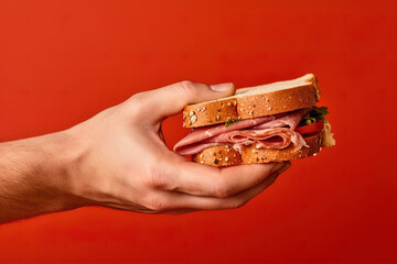 Fototapeta premium Hand holding tasty sandwich on a red background