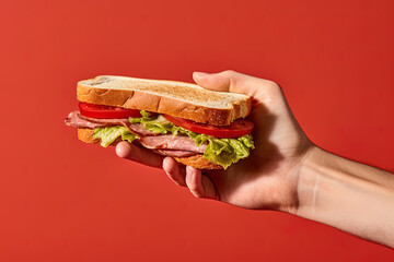 Hand holding tasty sandwich on a red background