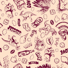 Fototapeta na wymiar Pink pop-art pattern of dinosaurs, skulls, dice for print and design. Vector illustration.