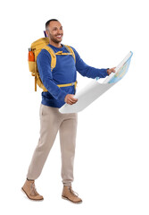 Happy tourist with backpack and map on white background