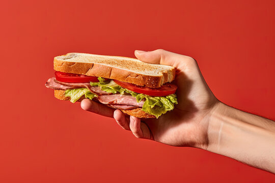 Hand Holding Tasty Sandwich On A Red Background